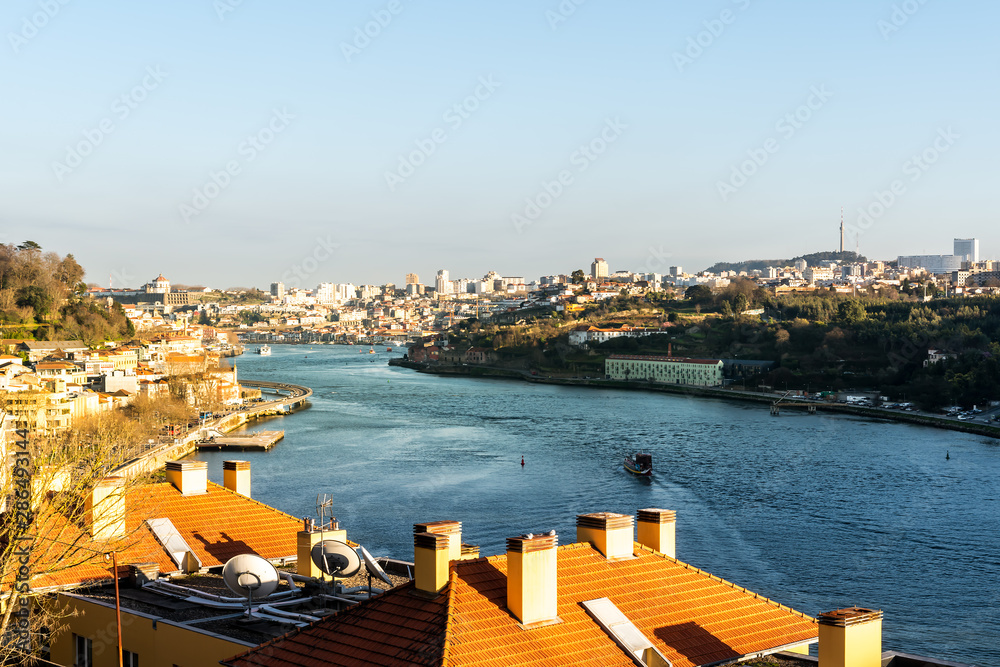 sunset on Douro river in Porto, Portugal
