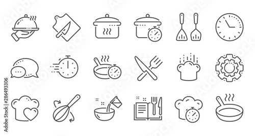 Cooking line icons. Boiling time, Frying pan and Kitchen utensils. Fork, spoon and knife line icons. Recipe book, chef hat and cutting board. Linear set. Quality line set. Vector