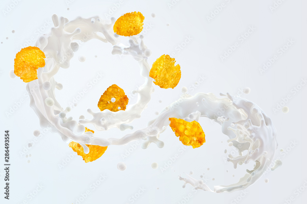 Fresh milk, milkshake, yogurt or cream 3D spiral splash, corn flakes isolated on a milky background. Glossy shining milk, almond milk, oat milk, cream swirl, cornflakes. Liquid splash design elements Fresh milk, milkshake, yogurt or cream 3D spiral splash, corn flakes isolated on a milky background. Glossy shining milk, almond milk, oat milk, cream swirl, cornflakes. Liquid splash design elements