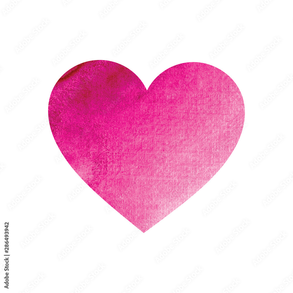 Watercolor pink heart isolated on white background.  Design for wedding, heart day, love, Valentine's Day. Wet paint brush romantic item for card, print, icon, text, label, icon