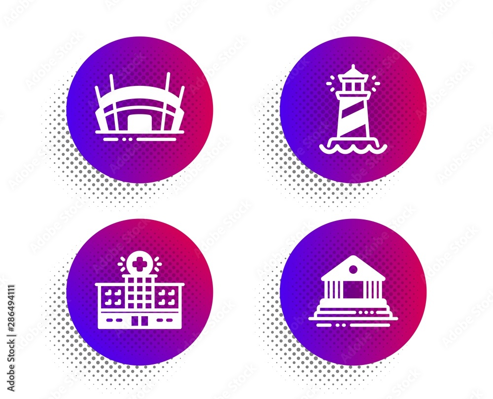 Hospital building, Lighthouse and Arena stadium icons simple set. Halftone dots button. Court building sign. Medical help, Searchlight tower, Government house. Buildings set. Vector Hospital building, Lighthouse and Arena stadium icons simple set. Halftone dots button. Court building sign. Medical help, Searchlight tower, Government house. Buildings set. Vector