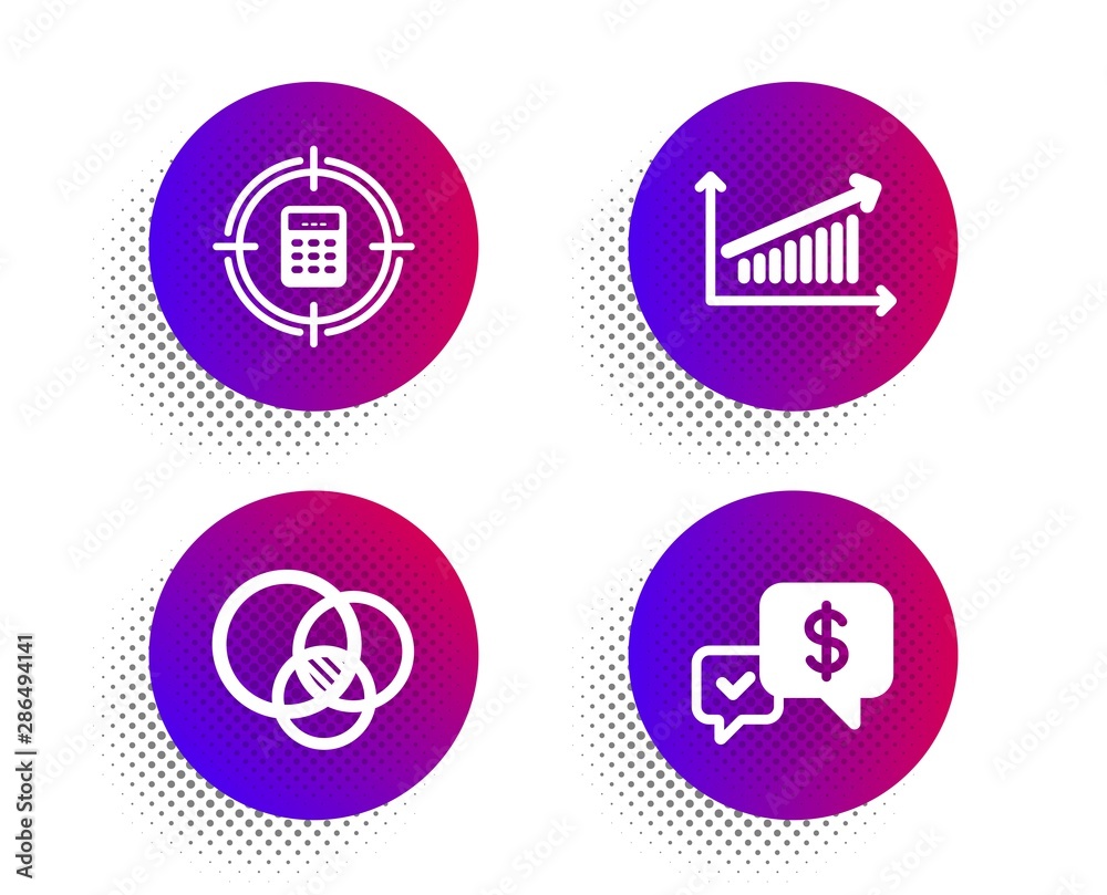 Calculator target, Euler diagram and Chart icons simple set. Halftone dots button. Payment received sign. Audit, Relationships chart, Money. Finance set. Classic flat calculator target icon. Vector