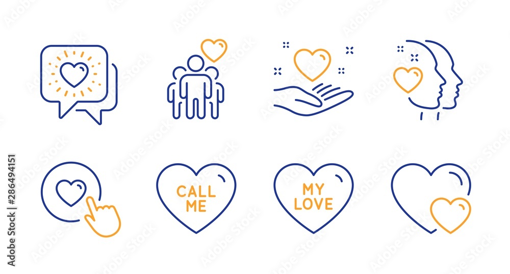 Hold heart, Friends chat and Heart line icons set. My love, Call me and Friendship signs. Like button, Hearts symbols. Friendship, Love head. Love set. Line hold heart icon. Vector