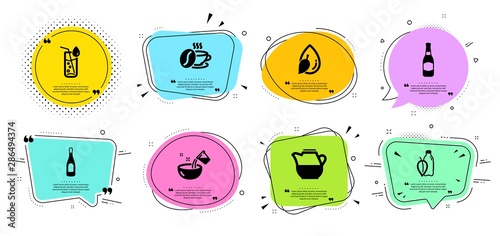 Champagne, Beer bottle and Water glass line icons set. Chat bubbles with quotes. Water drop, Milk jug and Coffee cup signs. Celebration drink, Brewery. Food and drink set. Vector