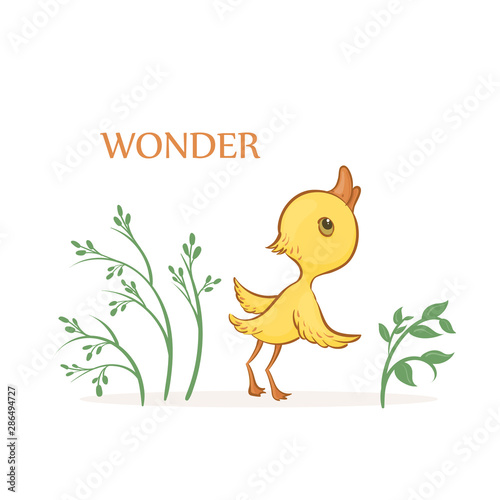 Vector hand-drawn illustration of a cute wondering yellow duckling with green plants on a white background.