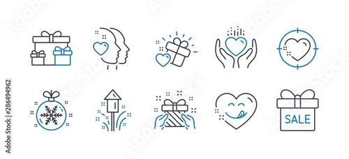 Set of Holidays icons, such as Heart target, Heart, Surprise boxes, Christmas ball, Fireworks, Gift, Love gift, Yummy smile, Sale offer line icons. Love aim, Holiday gifts. Vector