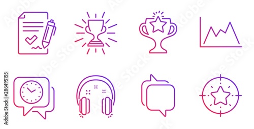 Approved agreement, Diagram and Clock line icons set. Headphones, Messenger and Victory signs. Trophy, Star target symbols. Signature document, Growth graph. Education set. Vector
