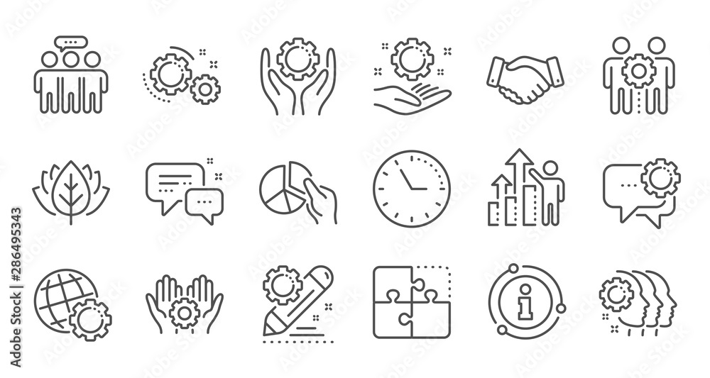Employees benefits line icons. Business strategy, handshake and people collaboration. Teamwork, social responsibility, people relationship icons. Linear set. Quality line set. Vector