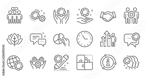 Employees benefits line icons. Business strategy, handshake and people collaboration. Teamwork, social responsibility, people relationship icons. Linear set. Quality line set. Vector