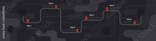 Road map and journey route infographics template. Winding road timeline illustration. Dark theme. Flat vector illustration. Eps 10