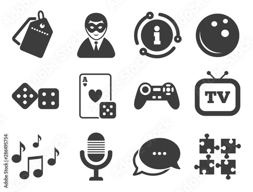 Game, bowling and puzzle signs. Discount offer tag, chat, info icon. Entertainment icons. Casino, carnival and musical note symbols. Classic style signs set. Vector
