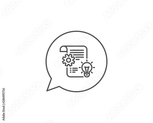 Cogwheel line icon. Chat bubble design. Engineering tool sign. Idea bulb symbol. Outline concept. Thin line cogwheel icon. Vector