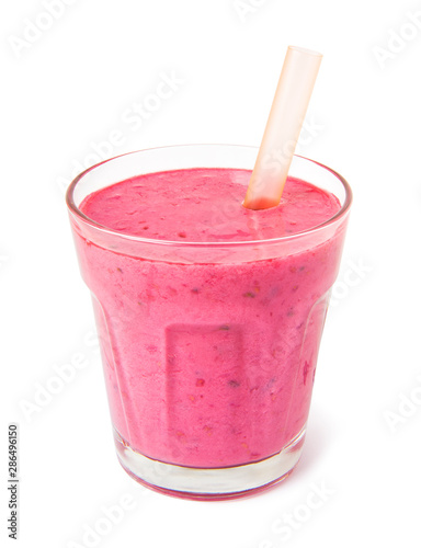 Fresh berry mix smoothie from strawberries, blackberries, blueberries and raspberries in a glass on a white background isolated