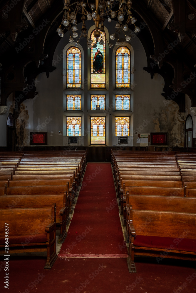 Derelict Sanctuary + Antique Stained Glass Windows + Wood Pews - Abandoned Church - Philadelphia, Pennsylvania