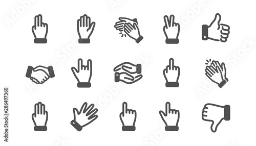 Hand gestures icons. Handshake, Clapping hands, Victory. Horns, Thumb up finger, drag and drop icons. Donation hand gestures, click, helping hand. Classic set. Quality set. Vector