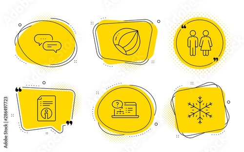 Dots message, Technical info and Snowflake signs. Chat bubbles. Hazelnut, Restroom and Online help line icons set. Vegetarian nut, Wc toilet, Web support. Chat bubble. Line hazelnut icon. Vector