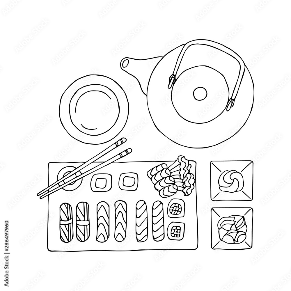 custom made wallpaper toronto digitalJapanese food: sushi, sashimi and green tea. Hand drawn coloring page. Hand drawn vector illustration.