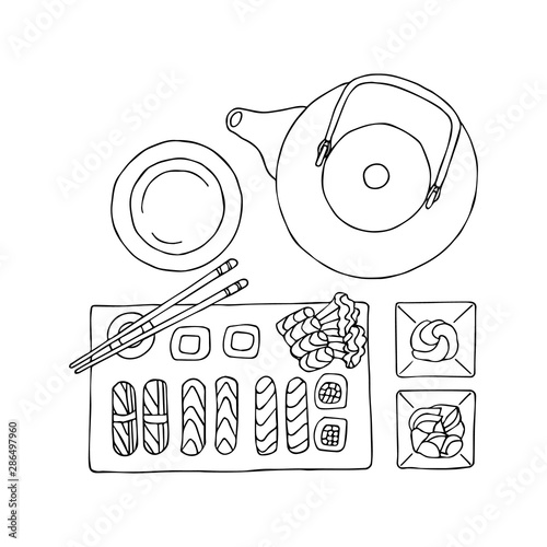 Wallpaper Mural Japanese food: sushi, sashimi and green tea. Hand drawn coloring page. Hand drawn vector illustration. Torontodigital.ca