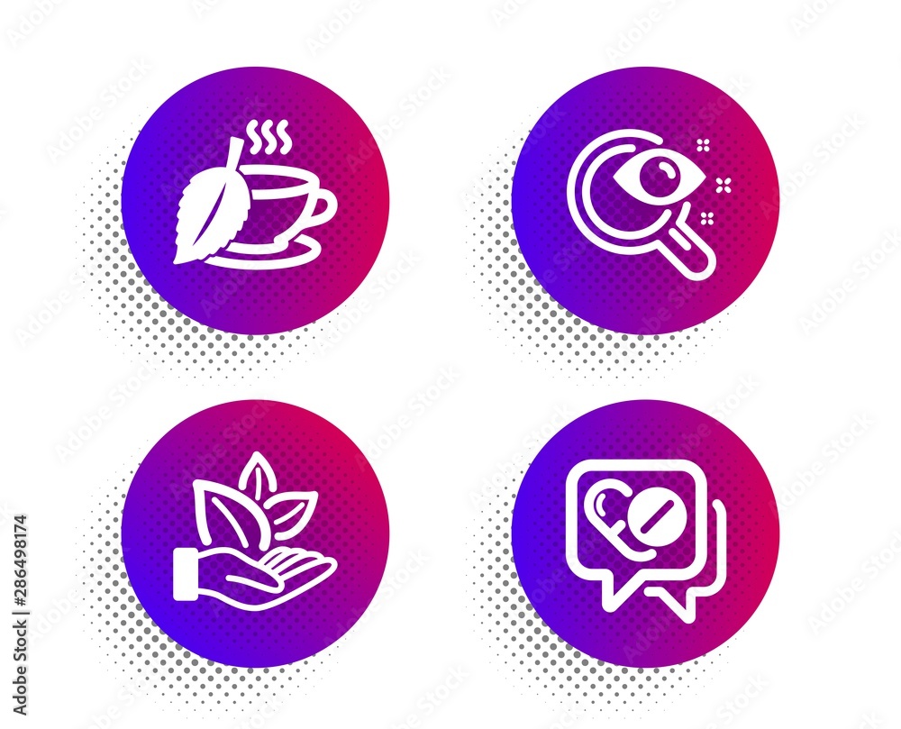 Vision test, Organic product and Mint tea icons simple set. Halftone dots button. Medical drugs sign. Eyesight check, Leaf, Mentha beverage. Medicine pills. Healthcare set. Vector