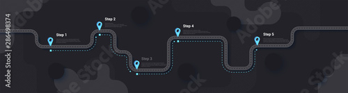 Road map and journey route infographics template. Winding road timeline illustration. Dark theme. Flat vector illustration. Eps 10 photo