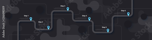 Road map and journey route infographics template. Winding road timeline illustration. Dark theme. Flat vector illustration. Eps 10