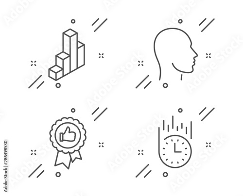 3d chart, Head and Positive feedback line icons set. Fast delivery sign. Presentation column, Human profile, Award medal. Stopwatch. Business set. Line 3d chart outline icon. Vector © blankstock