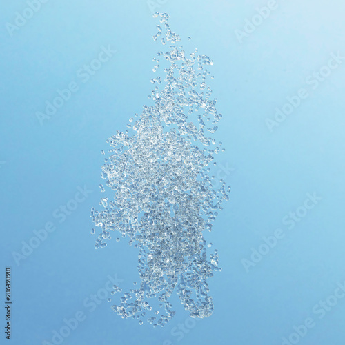 Soda water bubbles splashing and floating drop in blue background represent sparkling and refreshing