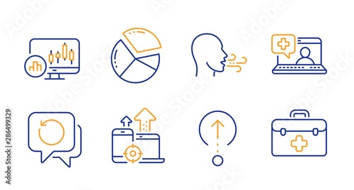 Recovery data, Seo devices and Medical help line icons set. Breathing exercise, Pie chart and Swipe up signs. Candlestick chart, First aid symbols. Backup info, Mobile stats. Science set. Vector