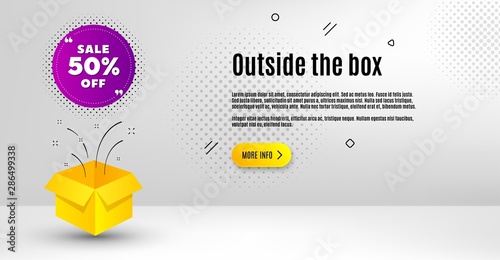 Sale 50% off badge. Abstract background. Discount banner shape. Coupon bubble icon. Outside the box concept. Banner with offer badge. Vector