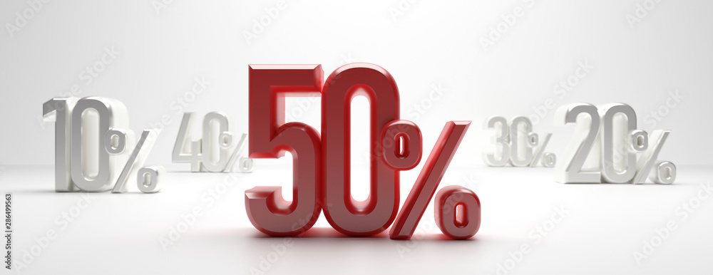 Sale 50%. 50 percent discount text on white background, banner. 3d illustration