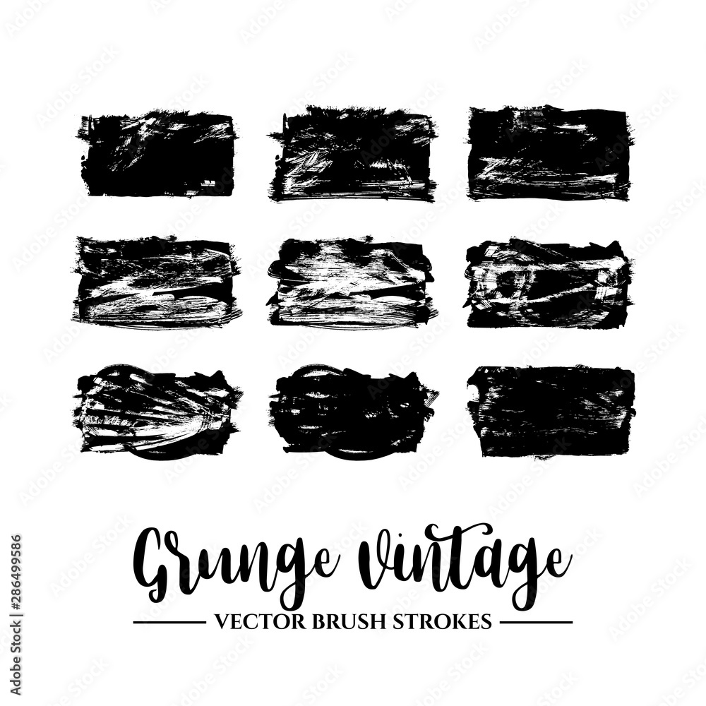 Set of black brush stroke and texture. Grunge vector abstract hand - painted element. Underline and border.