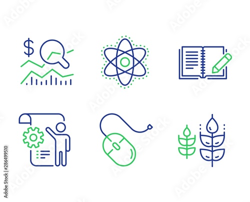Chemistry atom, Settings blueprint and Feedback line icons set. Check investment, Computer mouse and Gluten free signs. Laboratory molecule, Engineering cogwheel, Book with pencil. Vector