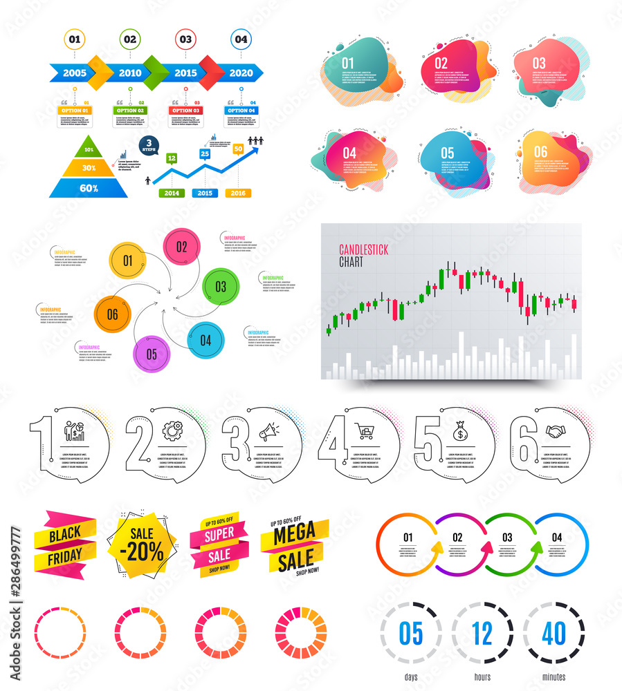 Infographic elements. Financial graph, timelines, options banner badges. Sale discount shapes, countdown timer. Analytics chart, timeline infographics. Offer layout page. Vector graphs and charts Infographic elements. Financial graph, timelines, options banner badges. Sale discount shapes, countdown timer. Analytics chart, timeline infographics. Offer layout page. Vector graphs and charts
