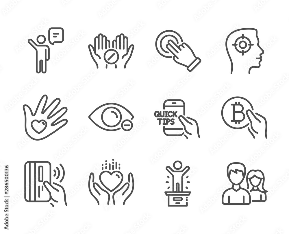 Set of People icons, such as Education, Winner podium, Touchscreen gesture, Medical tablet, Hold heart, Social responsibility, Myopia, Contactless payment, Agent, Bitcoin pay, Couple. Vector - obrazy, fototapety, plakaty 