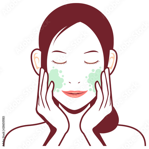 Young asian woman face vector illustration / cleansing, makeup removal 