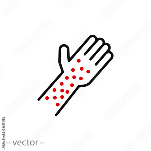 allergic reaction icon, urticaria, allergy on arm, thin line web symbol on white background - editable stroke vector illustration eps10