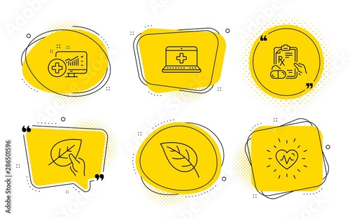 Leaf, Organic tested and Heartbeat signs. Chat bubbles. Medical analytics, Medical help and Prescription drugs line icons set. Medicine system, Medicine laptop, Pills. Environmental. Vector
