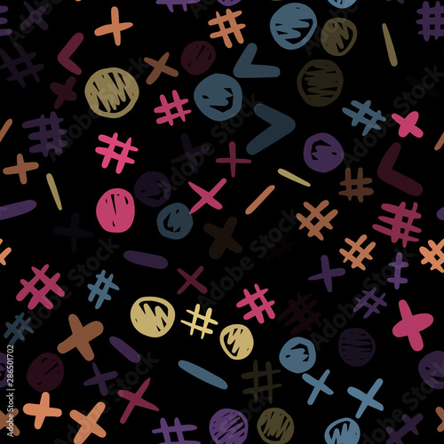 Freehand shapes seamless pattern on black background.