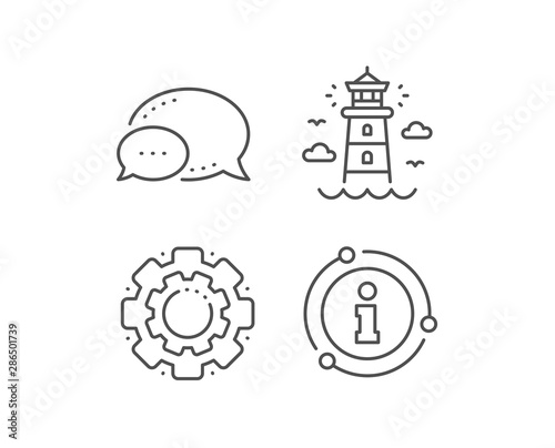 Lighthouse line icon. Chat bubble, info sign elements. Beacon tower sign. Searchlight building symbol. Linear lighthouse outline icon. Information bubble. Vector