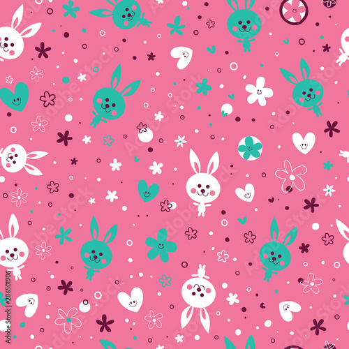 cute baby bunnies flowers and hearts seamless pattern