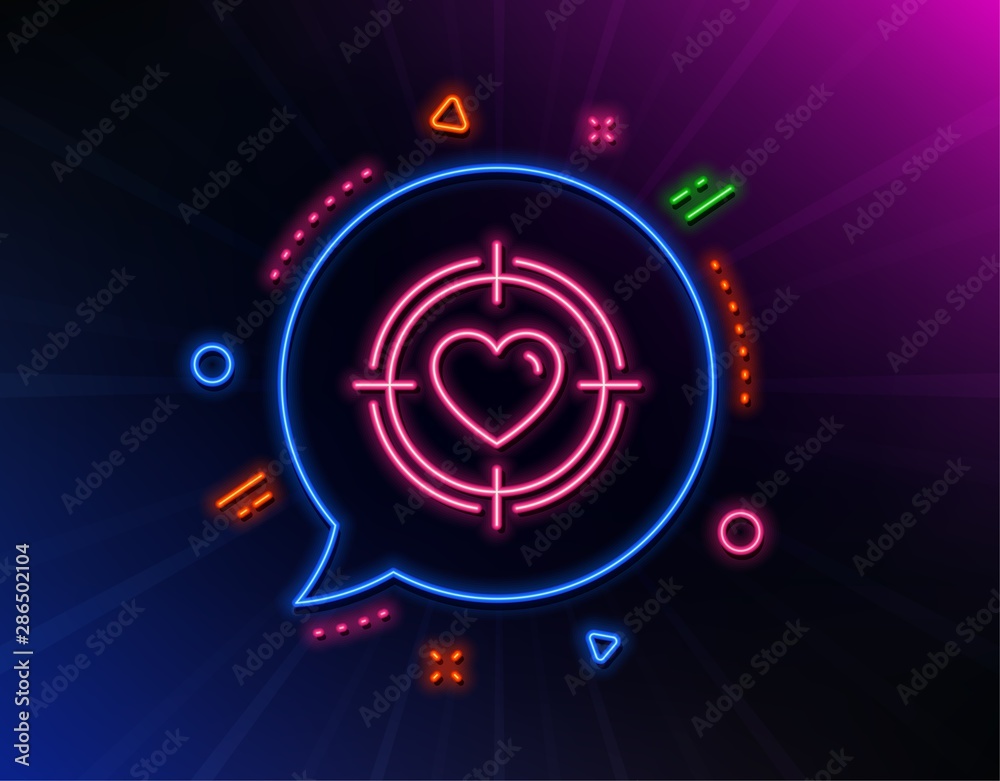 Heart in Target aim line icon. Neon laser lights. Love dating symbol. Valentines day sign. Glow laser speech bubble. Neon lights chat bubble. Banner badge with valentine target icon. Vector Heart in Target aim line icon. Neon laser lights. Love dating symbol. Valentines day sign. Glow laser speech bubble. Neon lights chat bubble. Banner badge with valentine target icon. Vector
