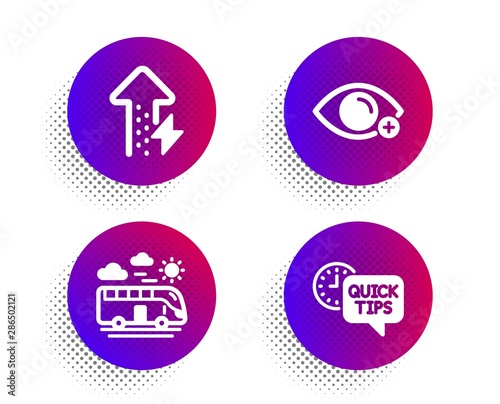 Farsightedness, Bus travel and Energy growing icons simple set. Halftone dots button. Quick tips sign. Eye vision, Transport, Power usage. Helpful tricks. Business set. Vector