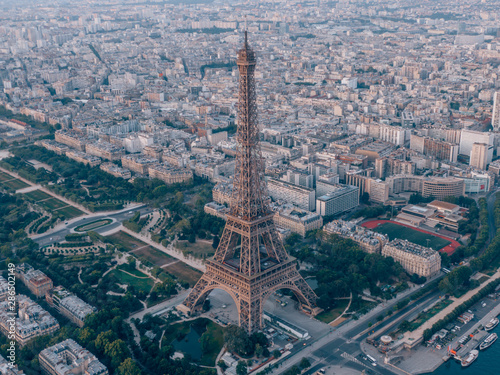 Aerial of the iconic Eiffel Tower in Paris, France © SmallWorldProduction