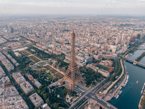 Aerial of the iconic Eiffel Tower in Paris, France