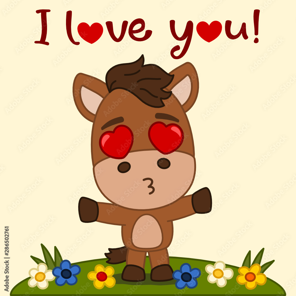 Valentine's day greeting card - funny horse with red hearts in his eyes and text I love you. Valentine's day greeting card - funny horse with red hearts in his eyes and text I love you.