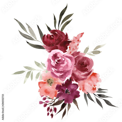 Bouquet with watercolor flowers  leaves and branches  mystery illustration  hand draw floral element  isolated on white background
