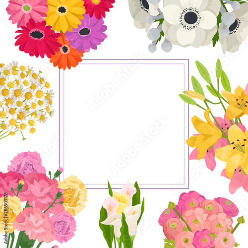 Floral summer frame vector illustration of garden flowers bouquets of pink, r...