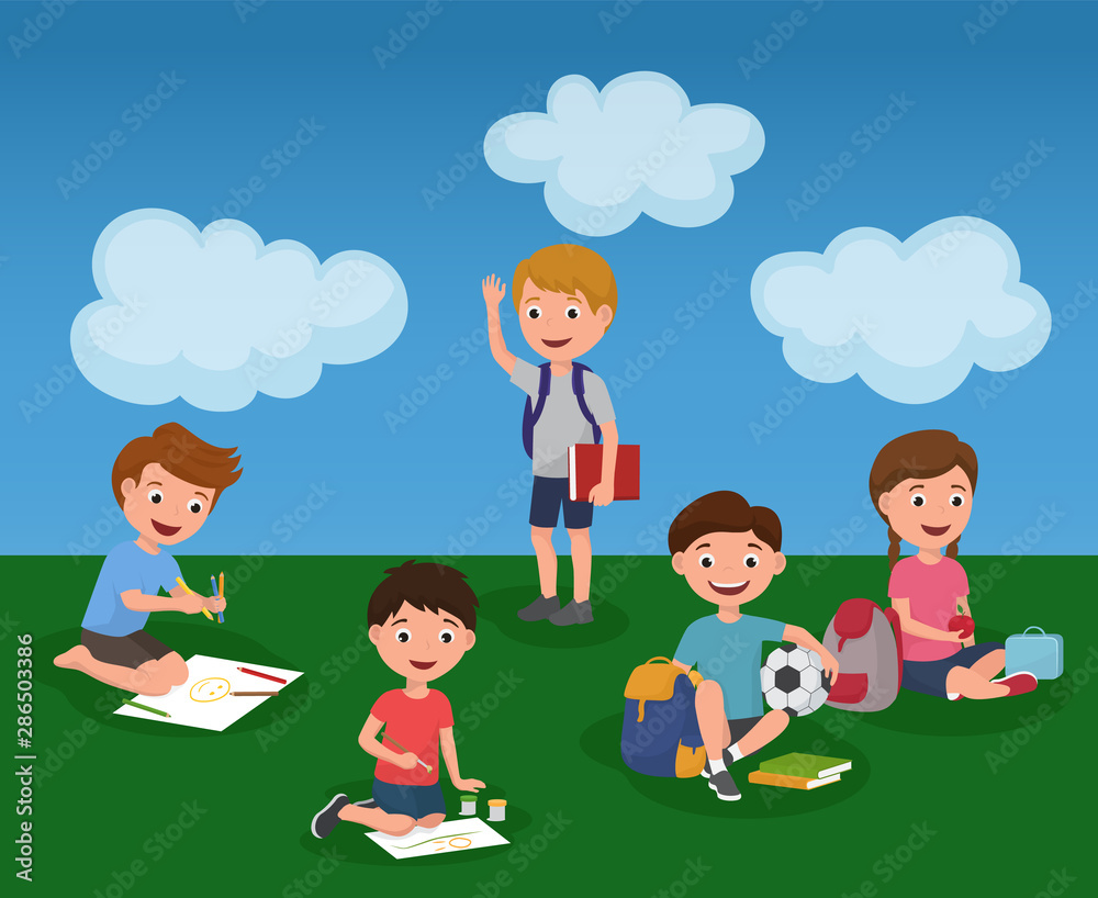 Childrens activity in summer kindergarden colorful vector illustrations. Cartoon little kindergarden boys and girls sitting on grass and studying alphabet, playing football and drawing pictures.