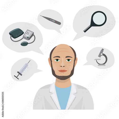 Doctor s tools cartoon vector illustration. Medical equipment syringe, blood pressure meter, microscope and thermometer. Therapist doctor head and set of medics icons.