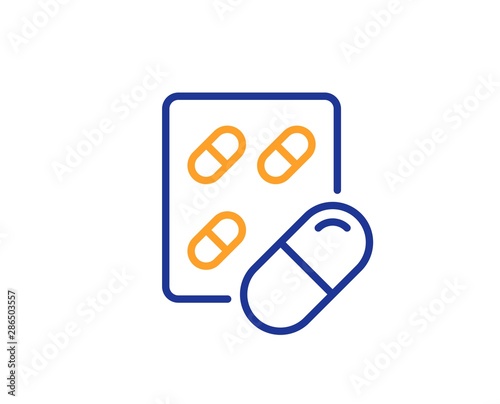 Medical drugs sign. Capsule pill line icon. Pharmacy medication symbol. Colorful outline concept. Blue and orange thin line capsule pill icon. Vector